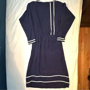 Vintage Jack Mulqueen 100% Silk Navy Blue Ivory Long Sleeve Midi Button Dress 6
